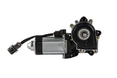 Motor, Door Window. Electric window mechanism motor for a car on a white isolated background. Automotive spare parts catalog.