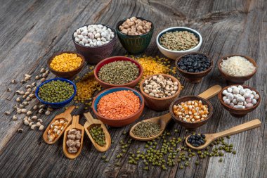 Vegan protein source.Various assortment of legumes, lentils, chickpea and beans assortment in different bowls on wooden table. Top view.