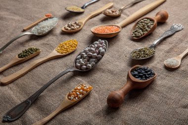 Vegan protein kaynağı. Çeşitli baklagiller, mercimek, nohut ve fasulye çeşitleri tahta masada farklı kaşıklarda. en üstteki görünüm.