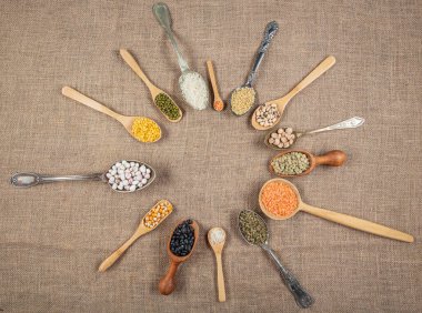 Vegan protein kaynağı. Çeşitli baklagiller, mercimek, nohut ve fasulye çeşitleri tahta masada farklı kaşıklarda. en üstteki görünüm.