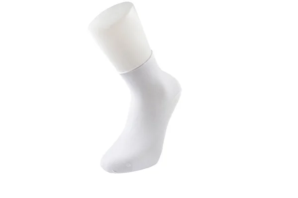 Vista Lateral Plástico Vestindo Novas Meias Brancas Tecido Algodão Natural — Fotografia de Stock