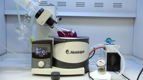Rotavapor Adı Tanımlayıcı Buharlaştırıcı Üzerinde Çalışan Kimya Bilimcisi Laboratuvardaki Deney — Stok video