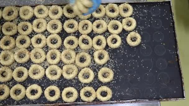 Kandil Çörekleri Şçiler Gıda Fabrikasındaki Üretim Hattında Kandil Simidi Üretiyorlar — Stok video