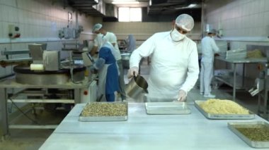 Türkiye, İstanbul - Türk tatlıları üreten gıda fabrikası, Kadayif 'i cevizlerle doldurdu. Burma kadayif cevizli, Türk mutfağının geleneksel harika tatlılarından biri. Yerel adı: 