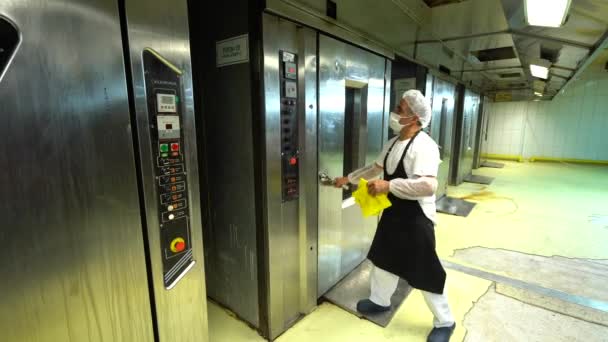 Turkey Istanbul Food Factory Produces Turkish Sweets Worker Opening Oven — Stock Video