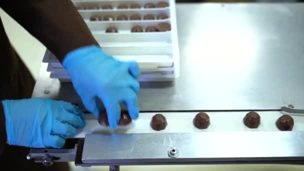 Filas Coberturas Para Chocolates Fabricados Por Máquina Transportador Una Fábrica — Vídeos de Stock