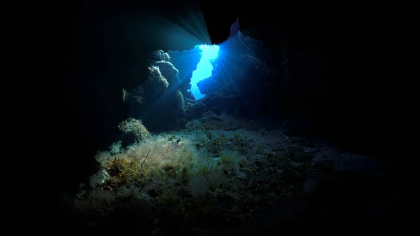 Promienie Światła Wewnątrz Jaskini Pod Wodą Nurkowań — Zdjęcie stockowe