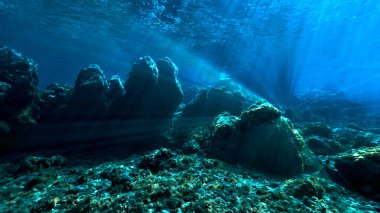 Sihirli manzaranın sualtı fotoğrafı ışık huzmelerindeki bir peri masalı gibi. Tüplü dalıştan.