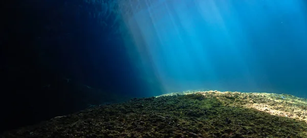 Onderwaterfoto Zonnestralen Aan Rand Van Diepblauwe Zee Van Een Duikvlucht — Stockfoto