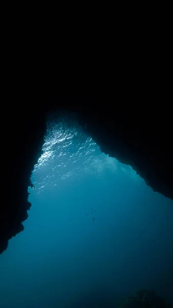 Vacker Undervattensscen Från Grotta Med Ljusstrålar — Stockfoto
