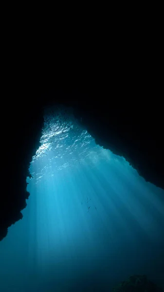 Bela Cena Subaquática Uma Caverna Com Raios Luz — Fotografia de Stock