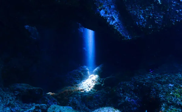 Podwodne Zdjęcie Magicznego Światła Słonecznego Promienia Słońca Wewnątrz Jaskini — Zdjęcie stockowe