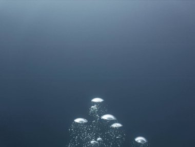 Lüks iç dizaynınız için su altı sanatı evinizde ya da ofisinizde. Mavi arka planı olan hava kabarcıkları. Denizde bir dalıştan.