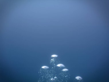 Lüks iç dizaynınız için su altı sanatı evinizde ya da ofisinizde. Mavi arka planı olan hava kabarcıkları. Denizde bir dalıştan.