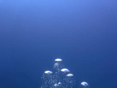 Lüks iç dizaynınız için su altı sanatı evinizde ya da ofisinizde. Mavi arka planı olan hava kabarcıkları. Denizde bir dalıştan.