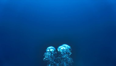 Lüks iç dizaynınız için su altı sanatı evinizde ya da ofisinizde. Mavi arka planı olan hava kabarcıkları. Denizde bir dalıştan.