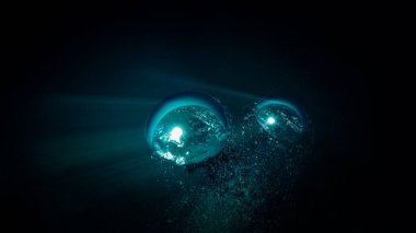 Lüks iç dizaynınız için su altı sanatı evinizde ya da ofisinizde. Mavi arka planı olan hava kabarcıkları. Denizde bir dalıştan.