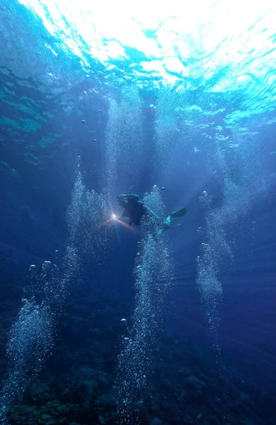 Underwater photography of a scuba diver in the deep blue sea in beautiful light and surrounded by air bubbles.