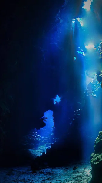 Підводні Зйомки Красивого Світла Всередині Печер Тунелів Плавання Підводного Пірнання — стокове фото
