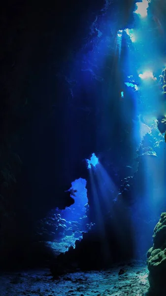 Підводні Зйомки Красивого Світла Всередині Печер Тунелів Плавання Підводного Пірнання — стокове фото