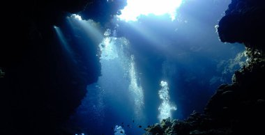 Underwater photo from a scuba dive inside caves and tunnels with rays of light. Beautiful scenery with sunlight and beams underwater in the Red sea in Egypt.