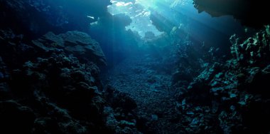 Underwater photo from a scuba dive inside caves and tunnels with rays of light. Beautiful scenery with sunlight and beams underwater in the Red sea in Egypt.