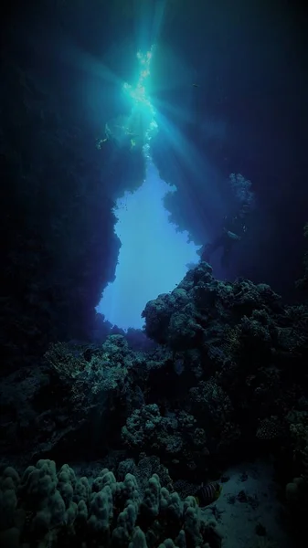 Underwater photo of a scuba diver in beautiful light inside a cave.