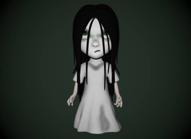 Korkunç çizgi film karakteri korku kızı, siyah saçlı, 3D çizimli..