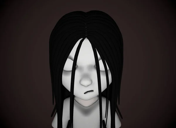 Assustador Personagem Desenhos Animados Horror Menina Com Cabelo Preto Renderização — Fotografia de Stock