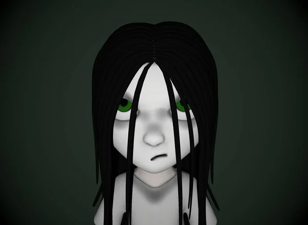 Aterrador Personaje Dibujos Animados Chica Terror Con Pelo Negro Renderizado —  Fotos de Stock