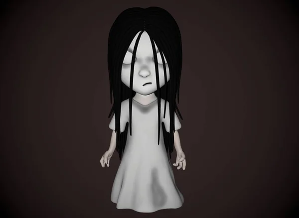 Assustador Personagem Desenhos Animados Horror Menina Com Cabelo Preto Renderização — Fotografia de Stock