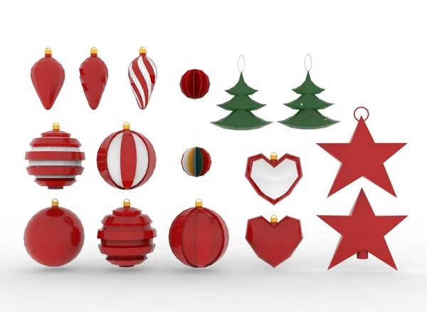 白色背景下的圣诞树玩具装饰3D渲染 — 图库照片