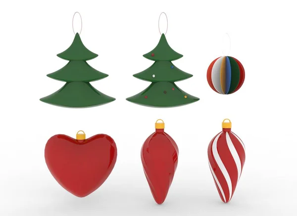 白色背景下的圣诞树玩具装饰3D渲染 — 图库照片