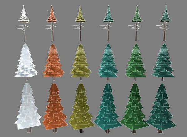背景上一组不同颜色的树3D渲染 — 图库照片