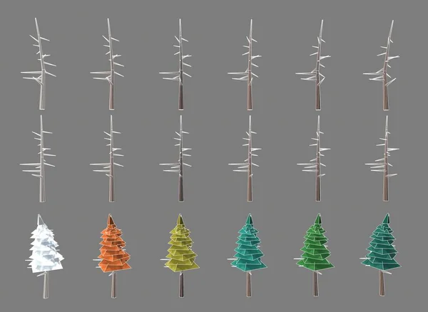 背景の3Dレンダリングに異なる色の木のセット — ストック写真