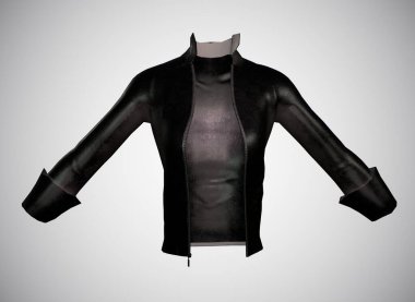 Beyaz bir arka planda stilize edilmiş kadın deri ceketi.