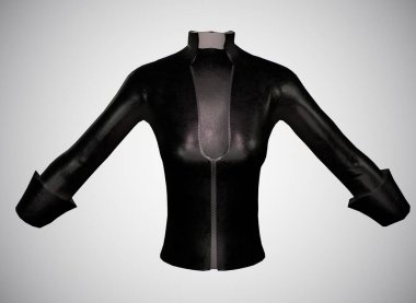 Beyaz bir arka planda stilize edilmiş kadın deri ceketi.