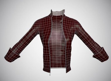 Beyaz arka planda üç boyutlu, stilize kadın deri ceketi..