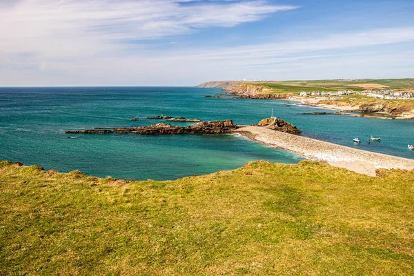 Bude Cornwall England Paisagem Dia Ensolarado Sobre Oceano — Fotografia de Stock