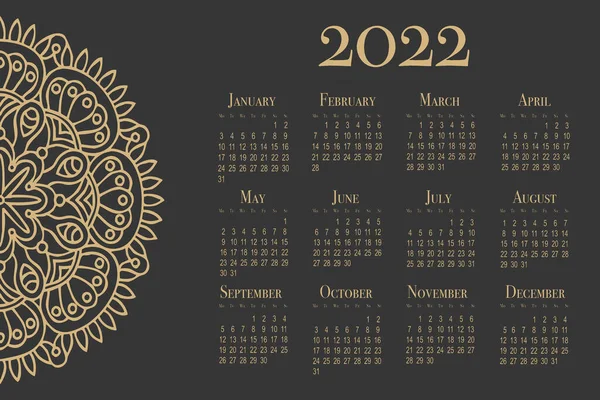 Kalendarz 2022 Rok Ciemnym Tle Wzór Mandala — Wektor stockowy