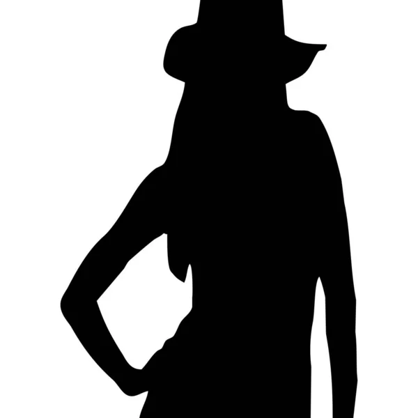 Illustrazione Vettoriale Silhouette Nera Una Donna Con Cappello Sfondo Bianco — Vettoriale Stock