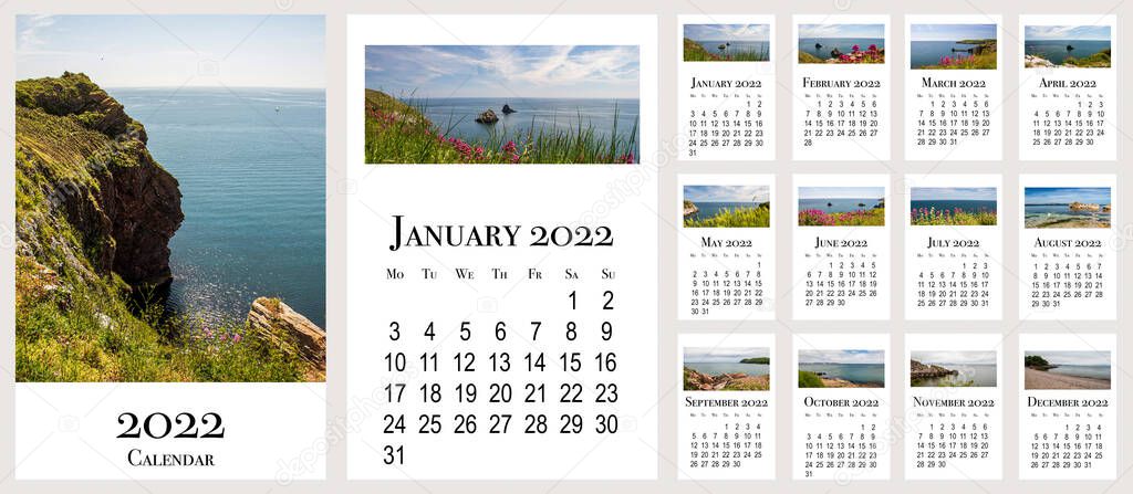 Vertical wall calendar for 2022, week starts on Monday. Cornish landscapes Brixham Devon for every month.