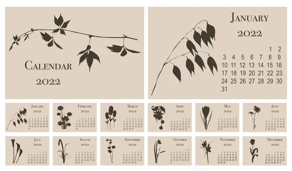 Calendario Pared Horizontal Para 2022 Semana Comienza Lunes Calendario Botánico — Vector de stock