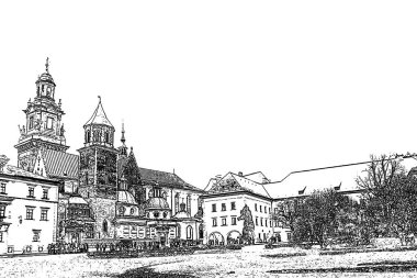 Cracow, Polonya. İllüstrasyondaki mimari. Tarihi binalar. Çizim, taslak, siyah beyaz çizim. Seyahat kartpostalı. Buzdolabı mıknatısı tasarımı. Duvar dekorasyonları.