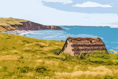 Tenby Wales İngiltere - yağlı boya tablo. Deniz manzarası var. Kartpostal için tasarım, buzdolabı mıknatısı. Duvar boyası için yazdırılabilir kart.