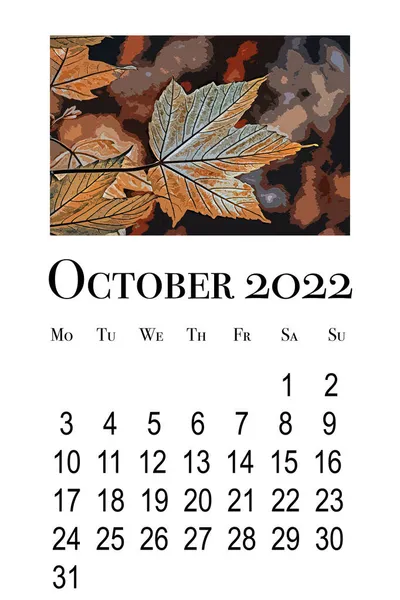 Tarjeta Calendario Para Octubre 2022 Calendario Pared Vertical Imprimible Semana — Foto de Stock