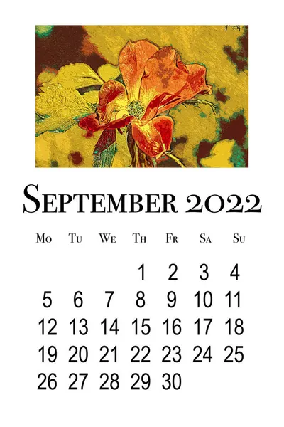 Kalenderkaart Voor September 2022 Afdrukbare Verticale Wandkalender Week Begint Maandag — Stockfoto