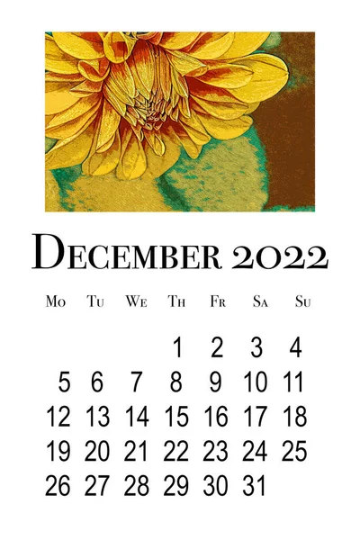 Kalenderkaart Voor December 2022 Afdrukbare Verticale Wandkalender Week Begint Maandag — Stockfoto