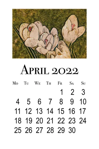 2022年4月のカレンダーカード 印刷可能な垂直壁のカレンダー 週は月曜日に始まります — ストック写真