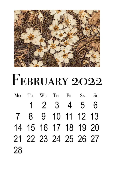 Kalenderkaart Voor Februari 2022 Afdrukbare Verticale Wandkalender Week Begint Maandag — Stockfoto